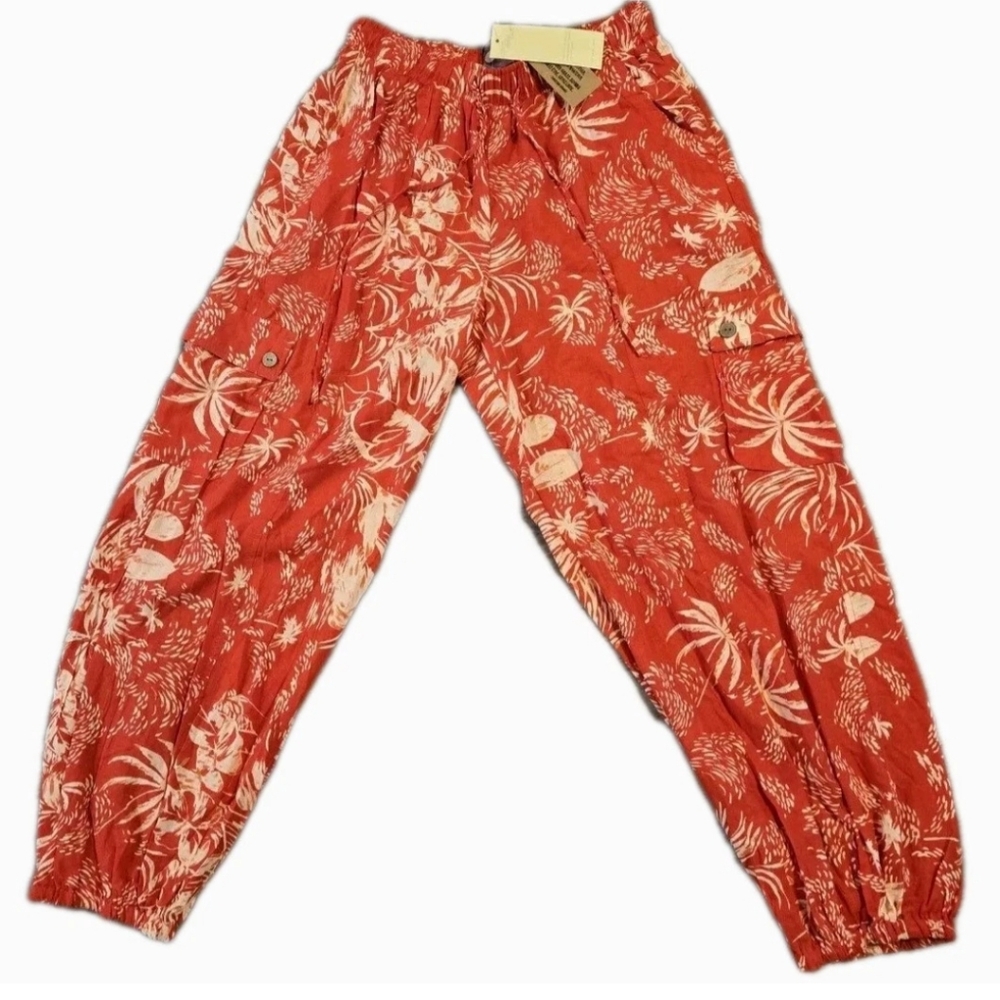 NWT Christian Siriano Tropical Print Linen Blend Womens Small Joggers Orange/Red